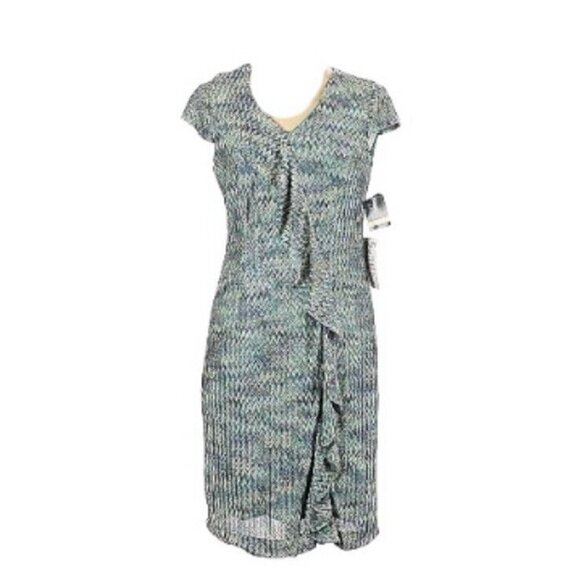 Gabby Skye Teal Chevron Print Faux Wrap Ruffled V-Neck Boho Dress Size 12 - Picture 1 of 9